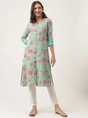 Jashvi Green Floral Printed Cotton A-Line Kurta