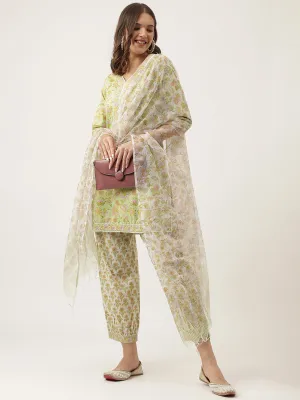 Jashvi Green Floral Printed Cotton Straight Short Kurta, trousers with Dupatta Set