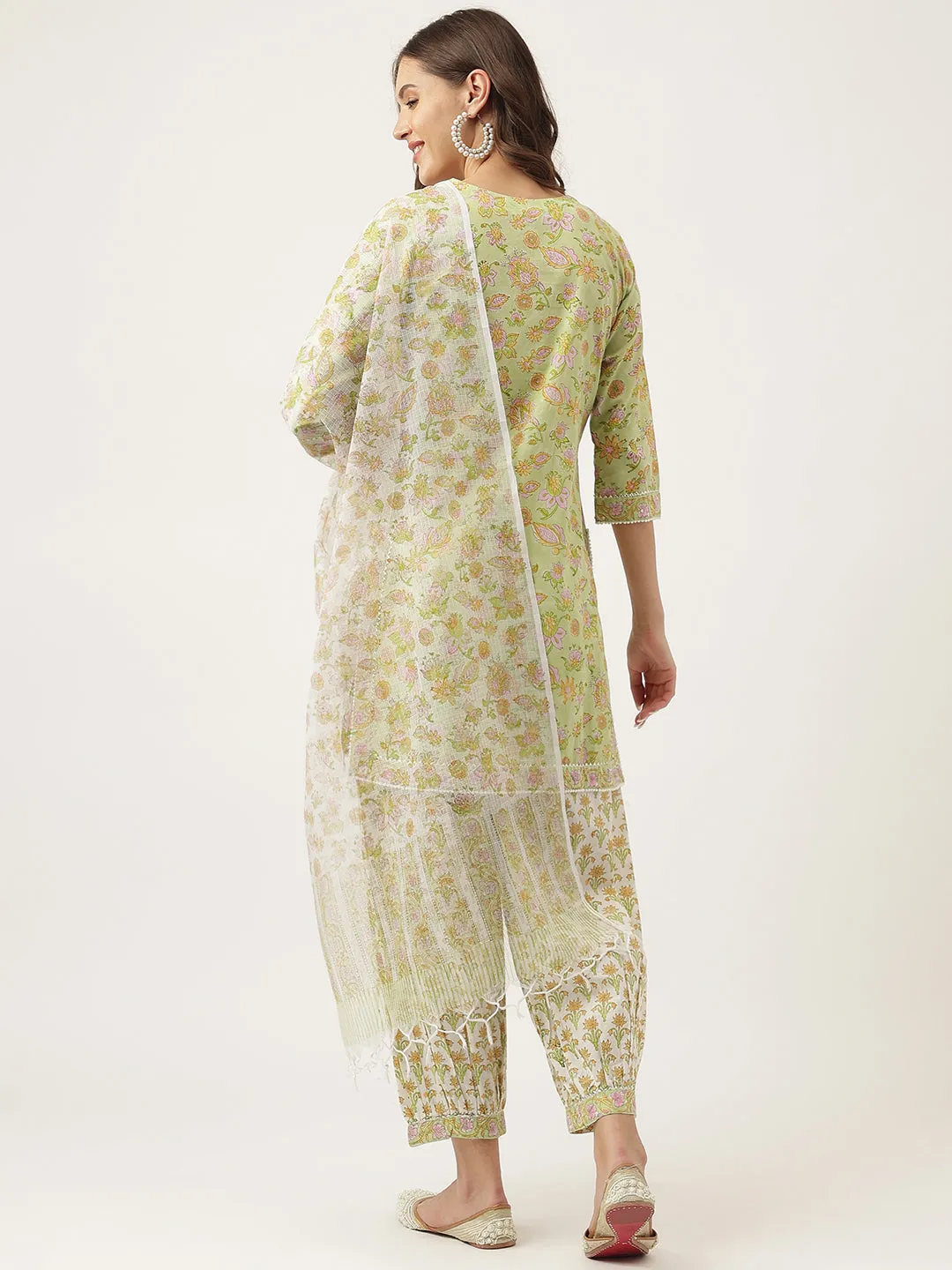 Jashvi Green Floral Printed Cotton Straight Short Kurta, trousers with Dupatta Set