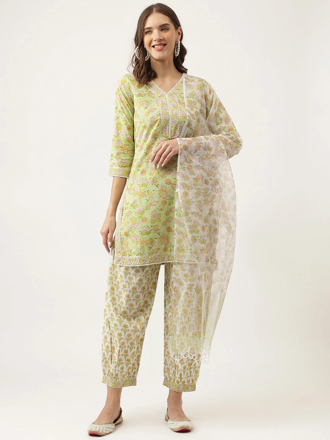 Jashvi Green Floral Printed Cotton Straight Short Kurta, trousers with Dupatta Set