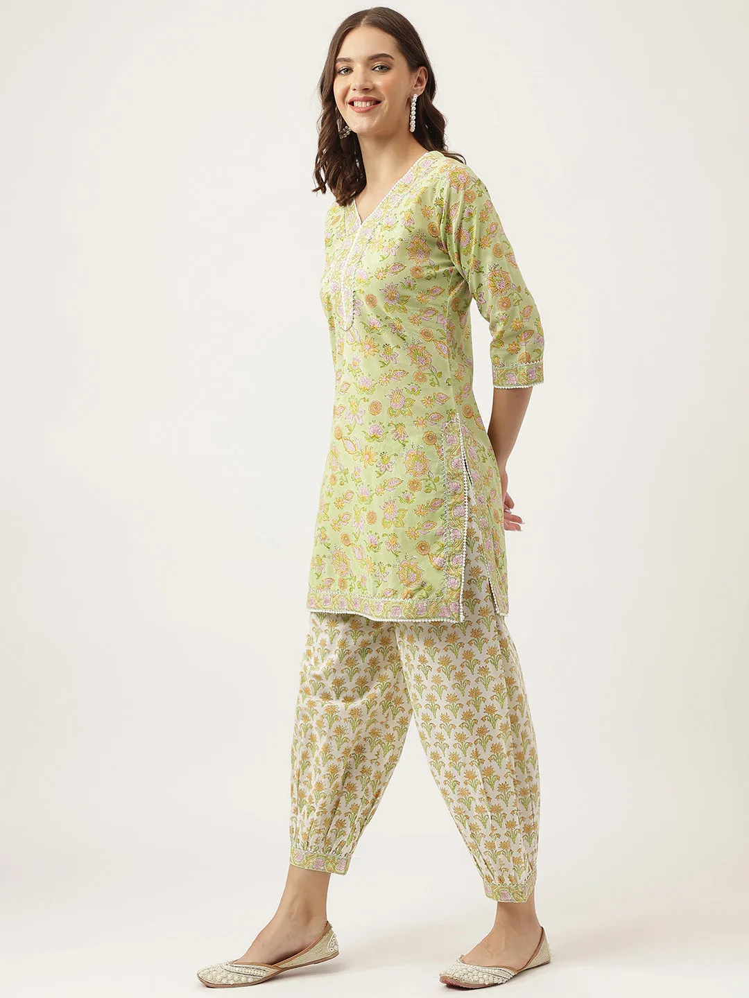 Jashvi Green Floral Printed Cotton Straight Short Kurta, trousers with Dupatta Set