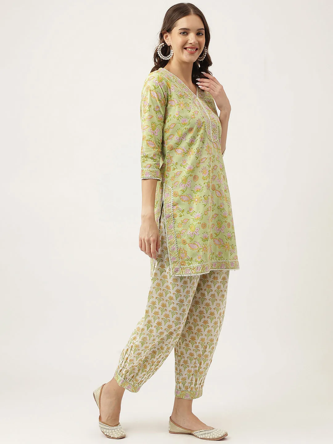 Jashvi Green Floral Printed Cotton Straight Short Kurta, trousers with Dupatta Set