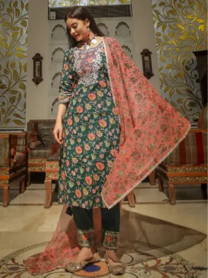 Jashvi Green Floral Printed Kurta Pant Set with Dupatta