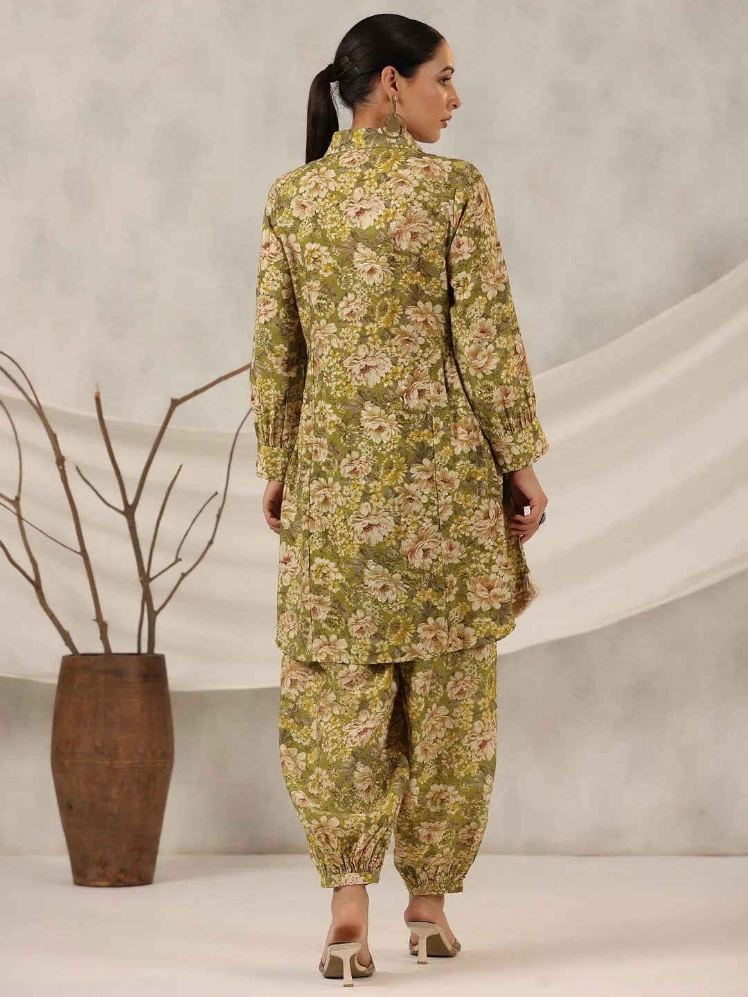 Jashvi  Green Floral Printed Muslin Printed Tunic & Pants With Mirror Work