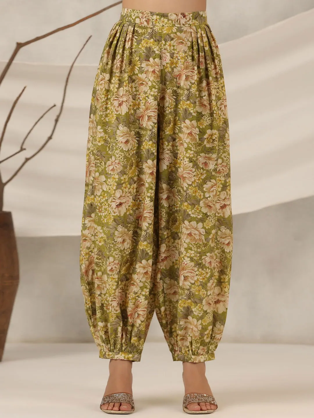 Jashvi  Green Floral Printed Muslin Printed Tunic & Pants With Mirror Work