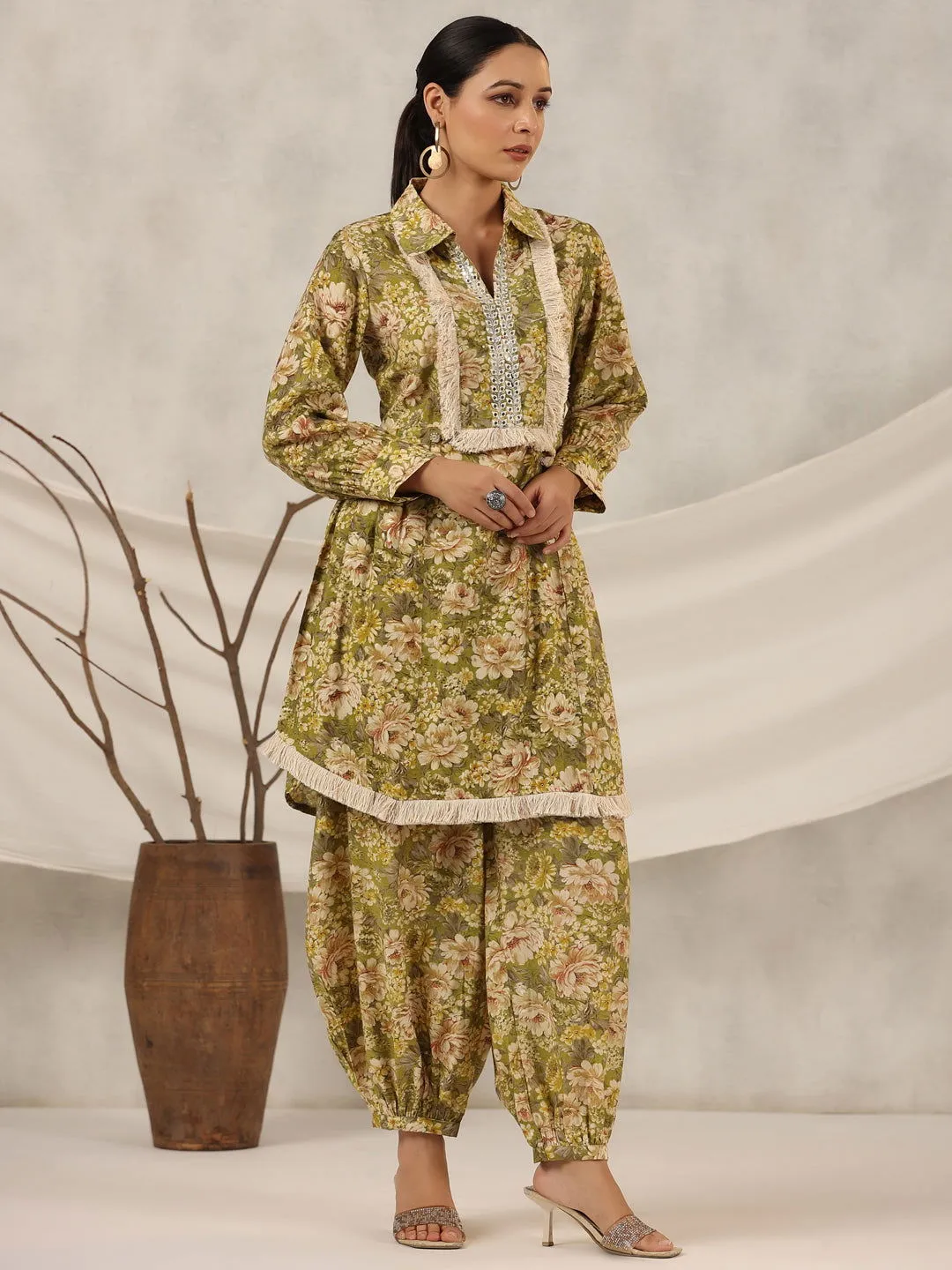 Jashvi  Green Floral Printed Muslin Printed Tunic & Pants With Mirror Work