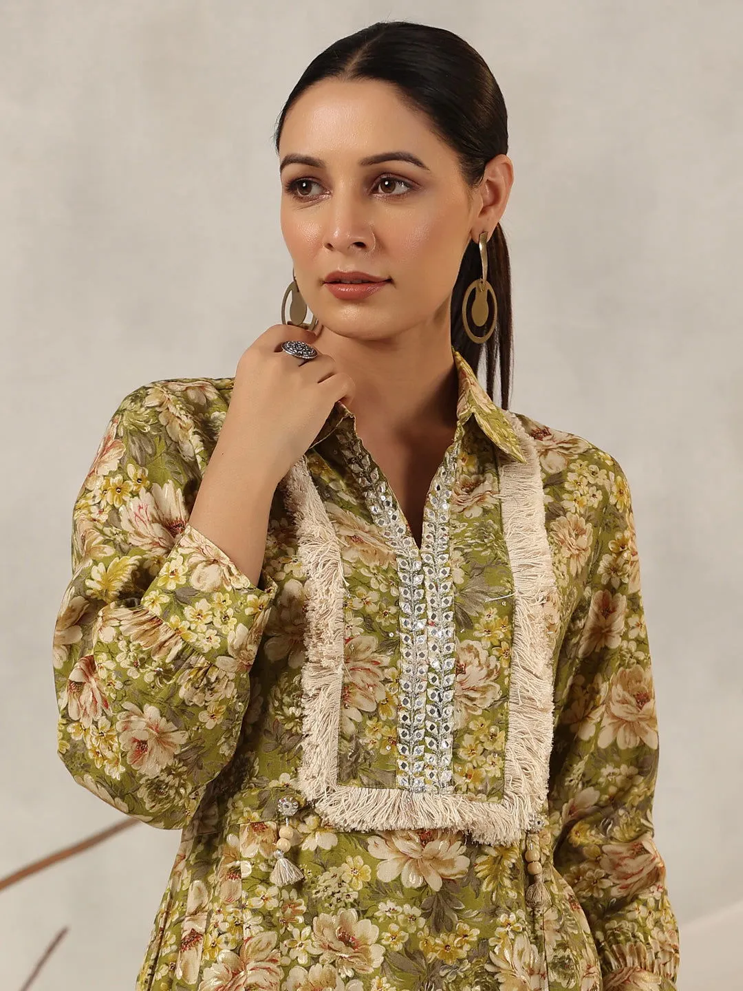 Jashvi  Green Floral Printed Muslin Printed Tunic & Pants With Mirror Work