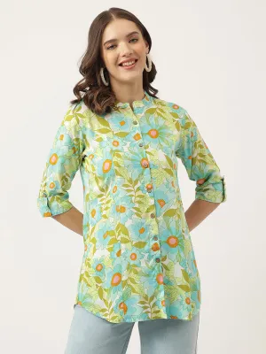 Jashvi Green Floral Printed Rayon Shirt Style Top