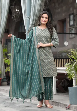 Jashvi Green Geometric Printed Cotton Kurta Pant Set With Tassels On Dupatta