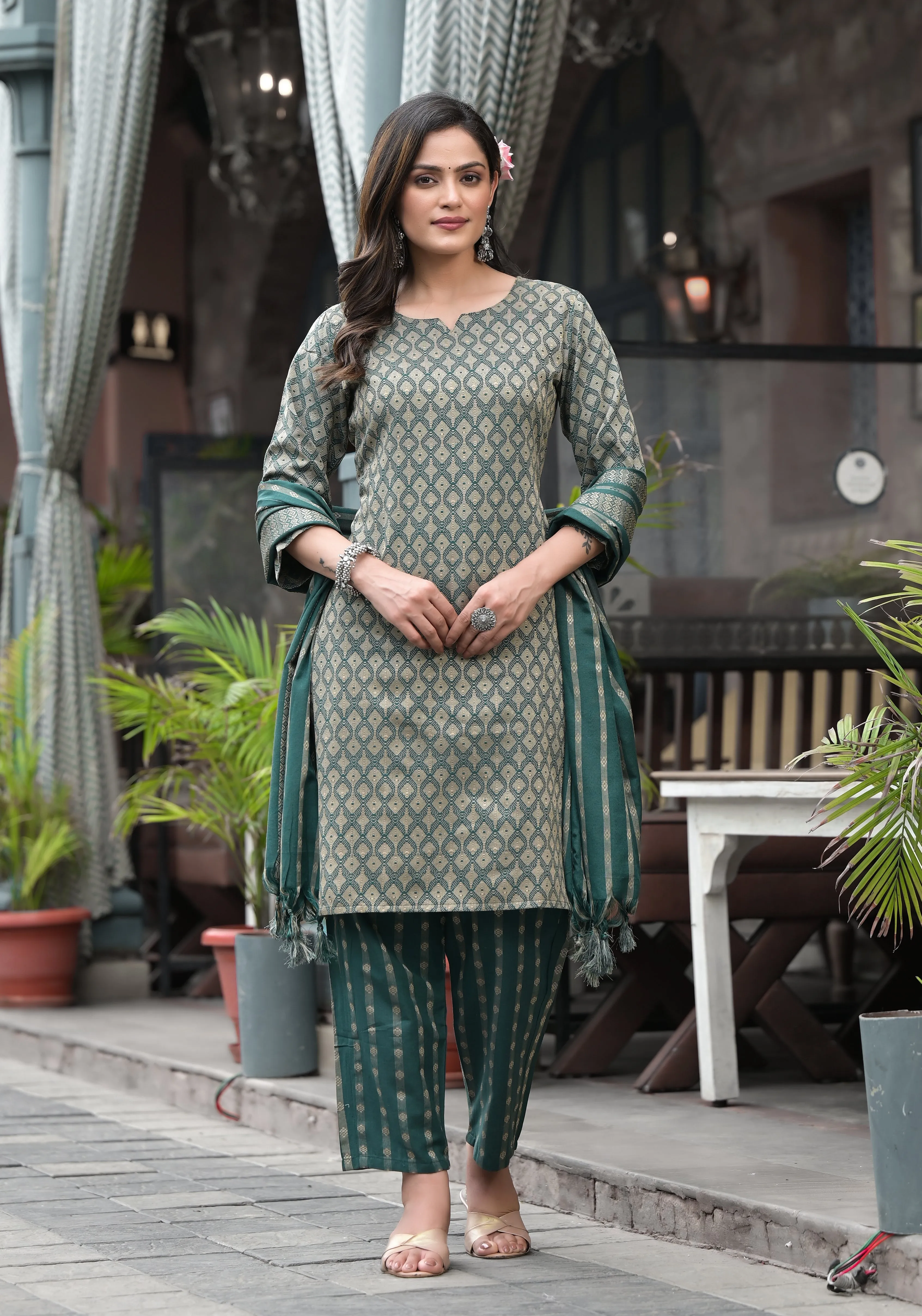 Jashvi Green Geometric Printed Cotton Kurta Pant Set With Tassels On Dupatta