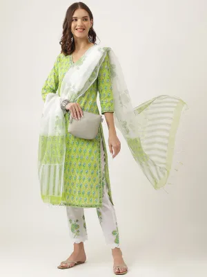 Jashvi Green Handblock Floral Printed Kurta Trouser & Kota Doria Dupatta Set