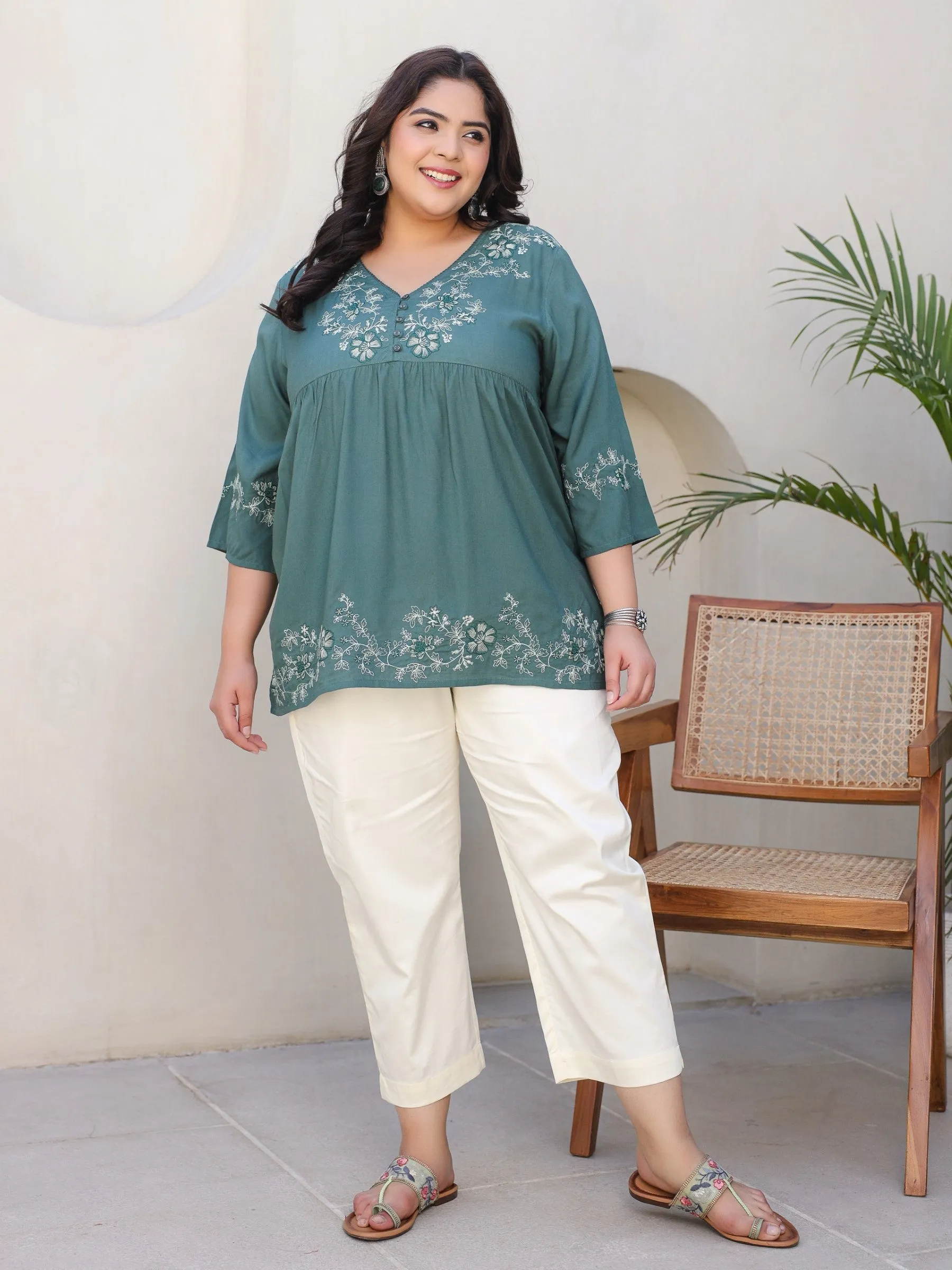 Jashvi Green Modal Rayon Floral Embroidered Alia Cut Plus Size Tunic