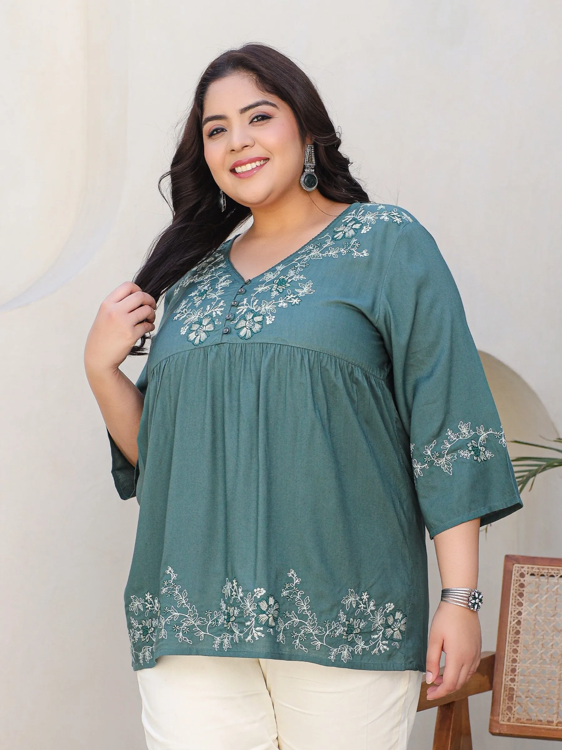 Jashvi Green Modal Rayon Floral Embroidered Alia Cut Plus Size Tunic