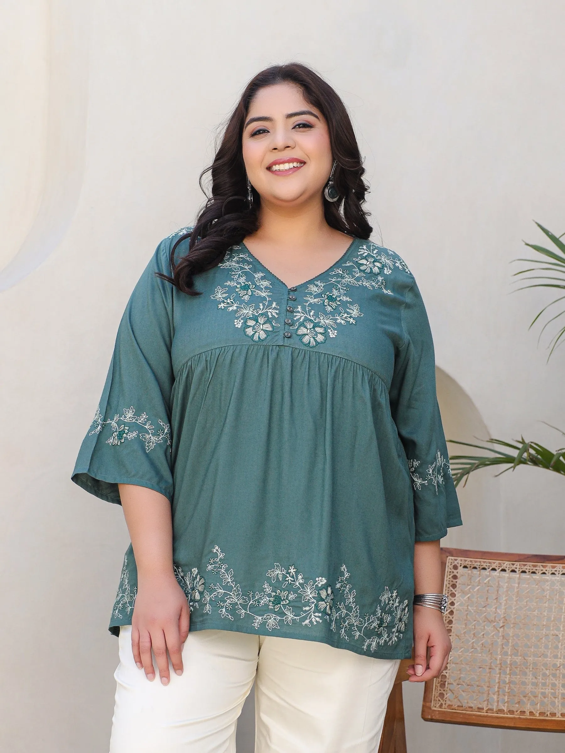 Jashvi Green Modal Rayon Floral Embroidered Alia Cut Plus Size Tunic