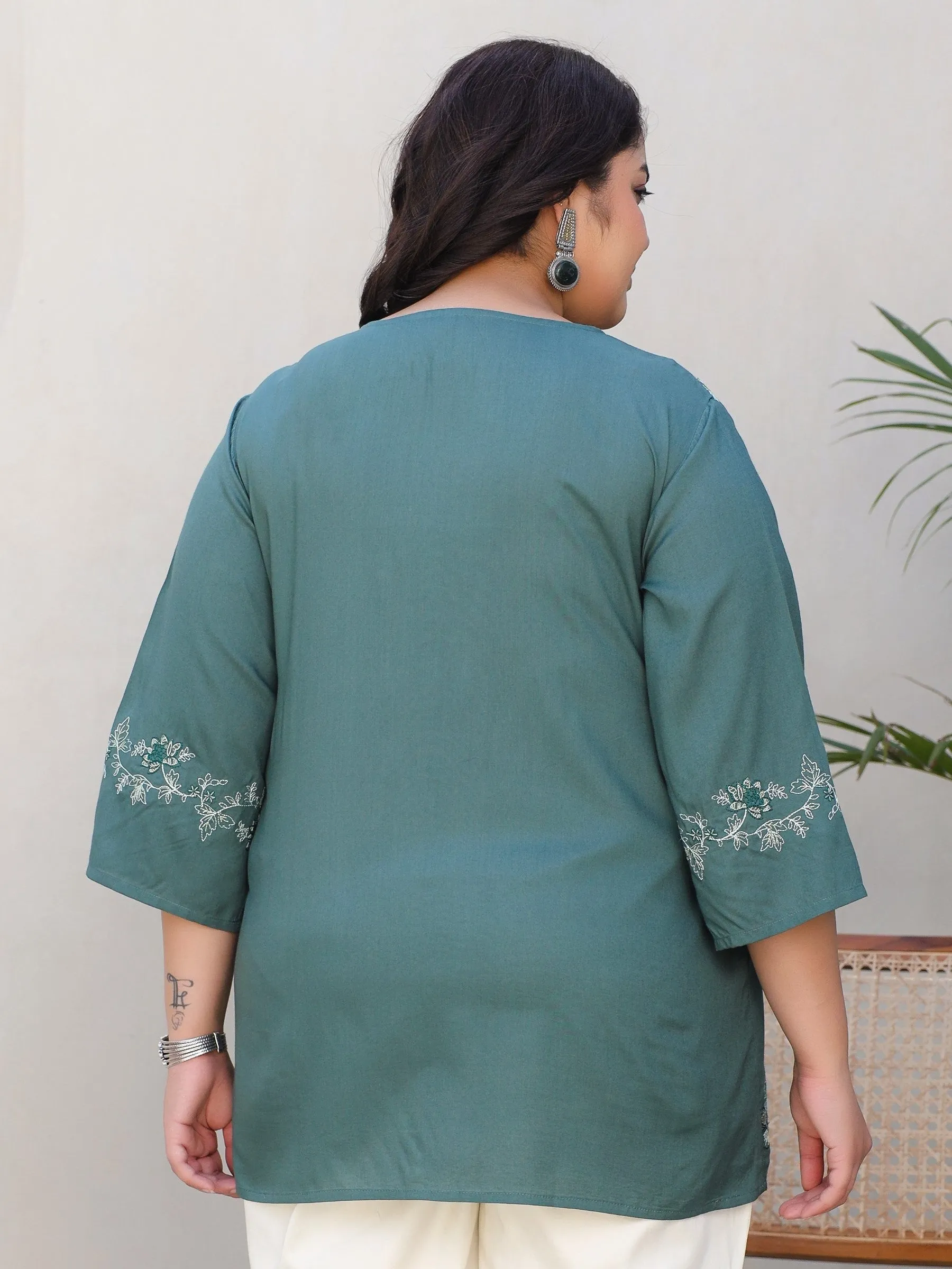 Jashvi Green Modal Rayon Floral Embroidered Alia Cut Plus Size Tunic