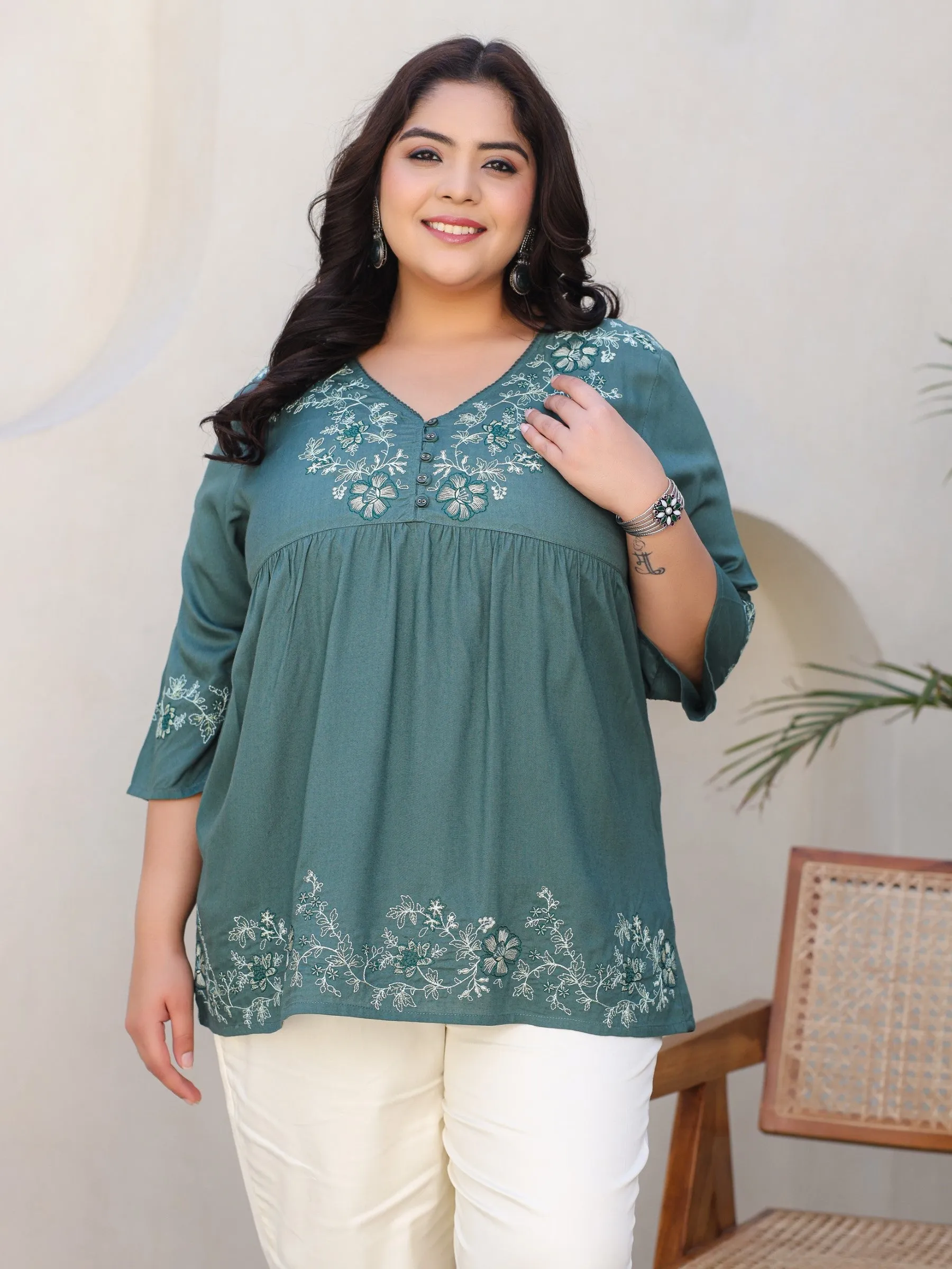 Jashvi Green Modal Rayon Floral Embroidered Alia Cut Plus Size Tunic