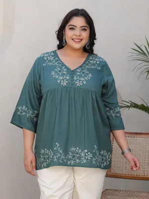 Jashvi Green Modal Rayon Floral Embroidered Alia Cut Plus Size Tunic