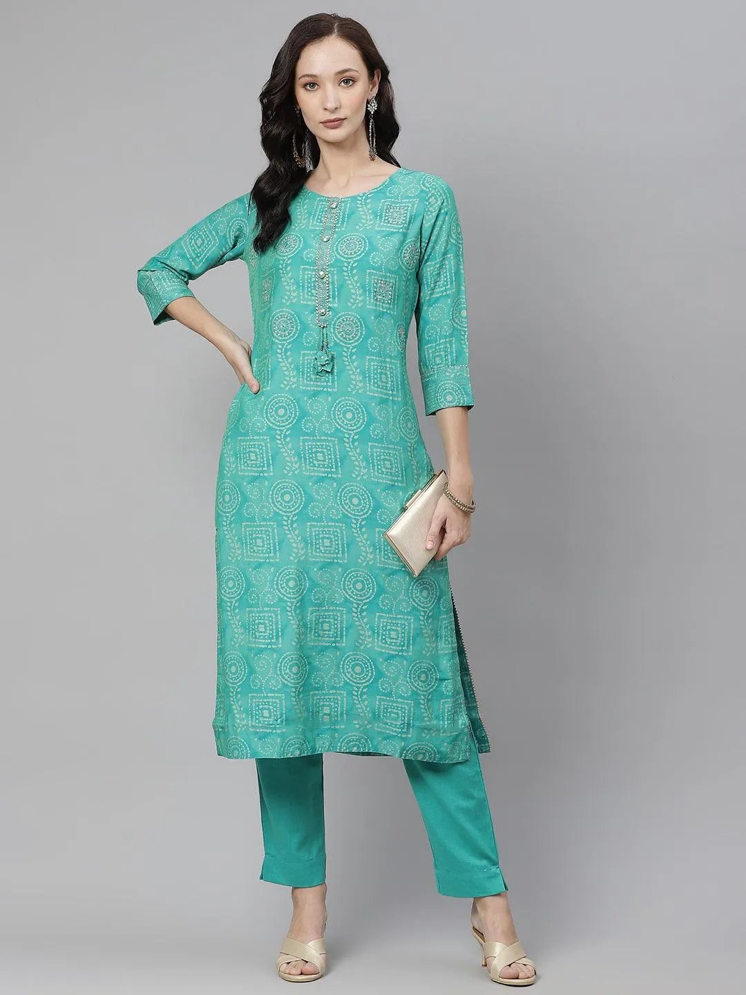 Jashvi Green Muslin Straight Kurta with Pants