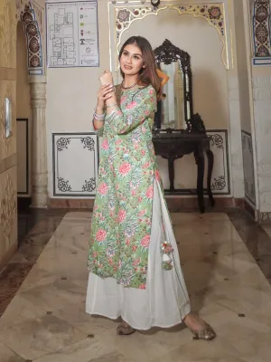 Jashvi Green Printed Cotton Kurta with Palazo Set