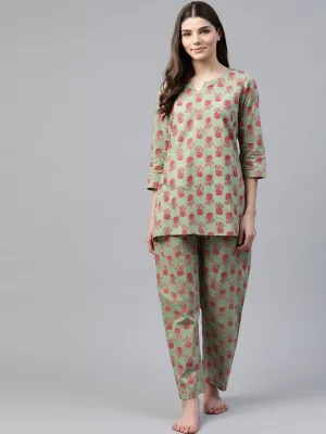 Jashvi Green Printed Loungewear /Nightwear