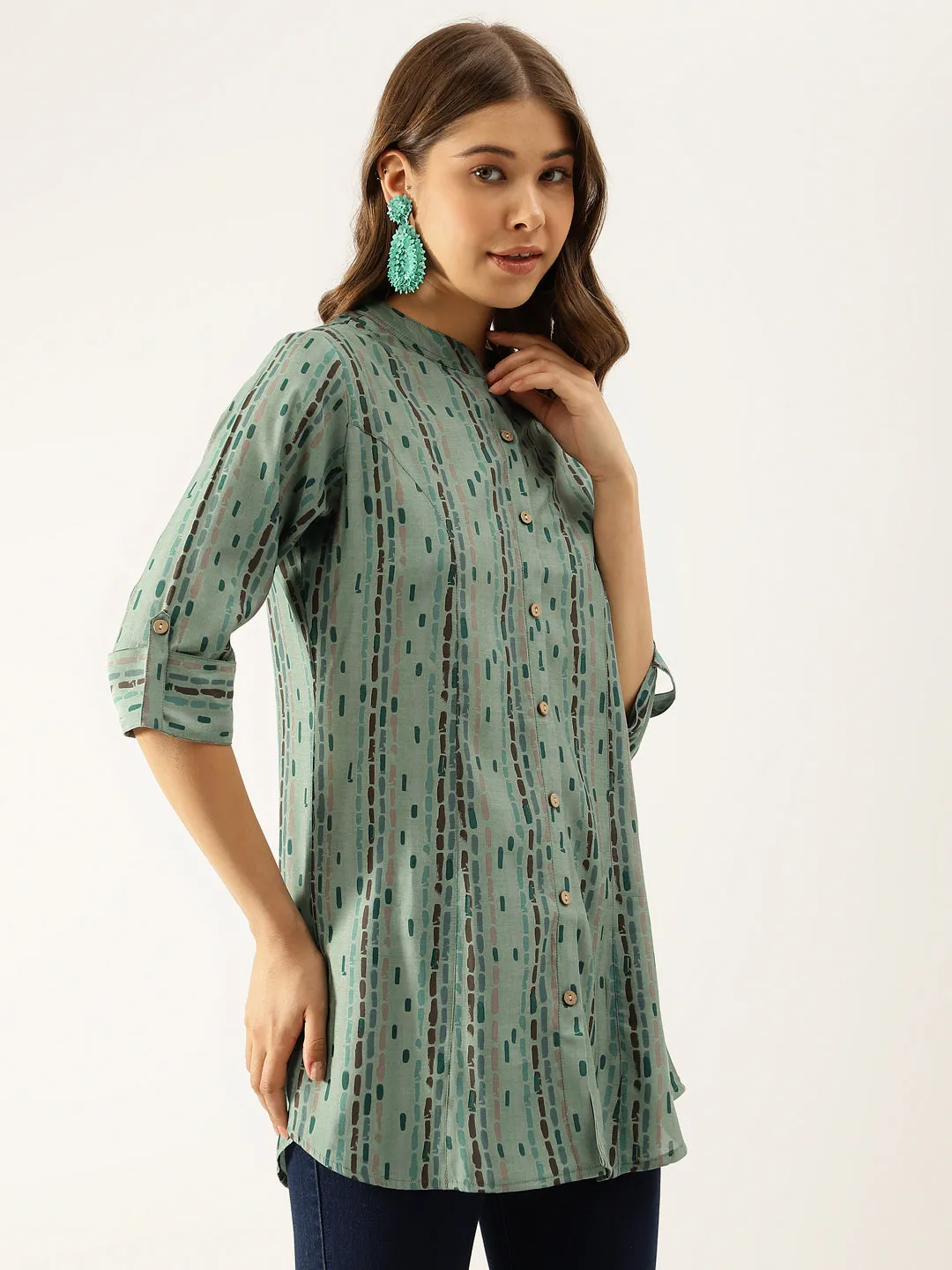 Jashvi Green Printed Modal Chanderi Regular Fit Top