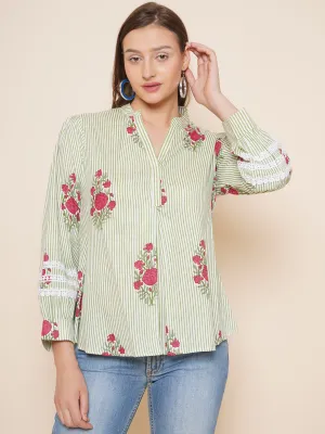 Jashvi Green Stripe Floral Printed Shirt Style Top