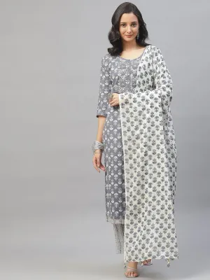 Jashvi Grey and White Floral Printed Kurta Pant Set with Dupatta