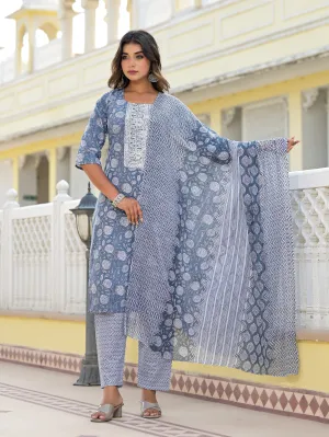 Jashvi Grey Ethnic Motif Printed Cotton Kurta, Pant And Dupatta Set With Thread & Zari Work