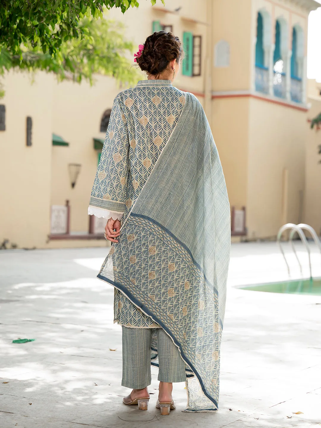 Jashvi Grey Floral Print Pure Cotton Straight Kurta & Trouser with Dupatta