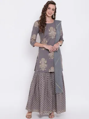 Jashvi Grey Foil Print Cotton Sharara Set with Net Dupatta