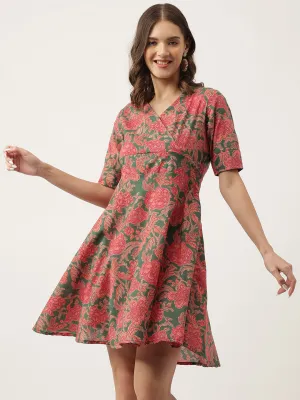 Jashvi Grey Pink Floral Printed Cotton Fit & Flare Mini Dress