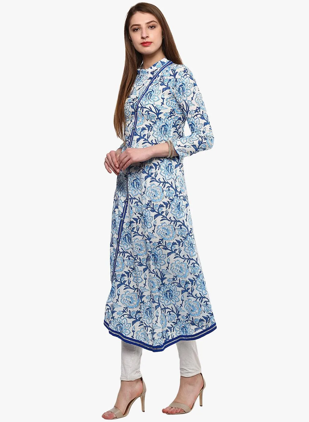 Jashvi Hand Block Blue And White Printed Angrakha Anarkali