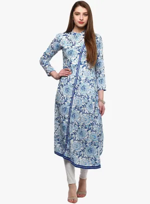 Jashvi Hand Block Blue And White Printed Angrakha Anarkali