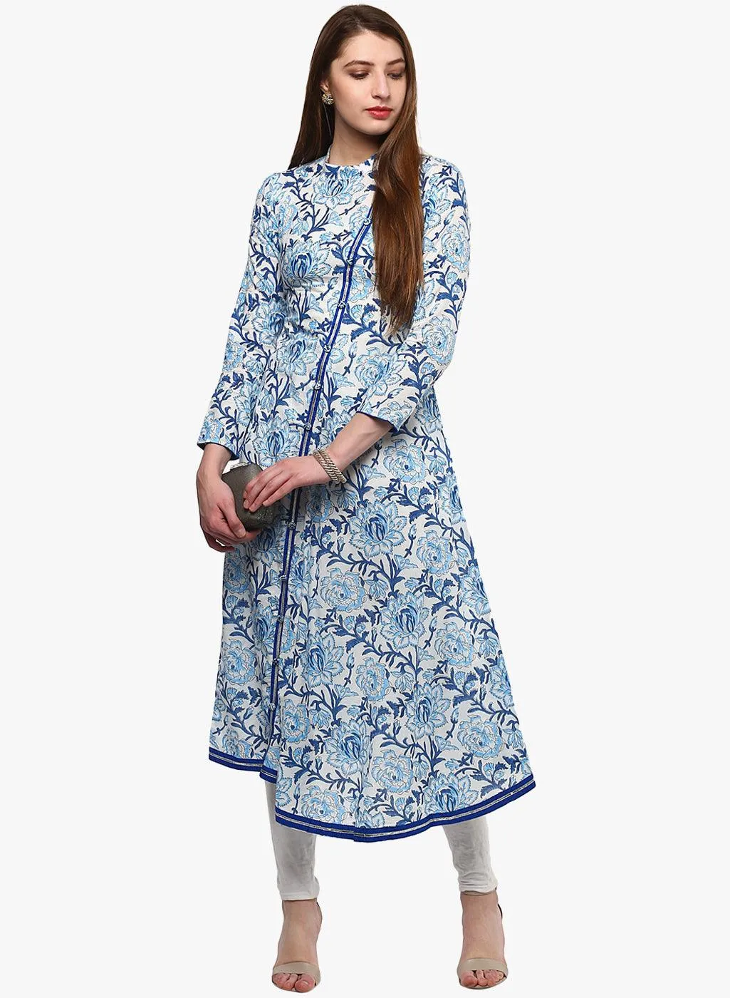 Jashvi Hand Block Blue And White Printed Angrakha Anarkali