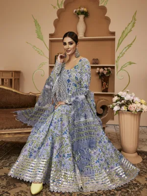 Jashvi Handblock Floral Printed Blue Anarkali Cotton Kurta With Trousers & Dupatta