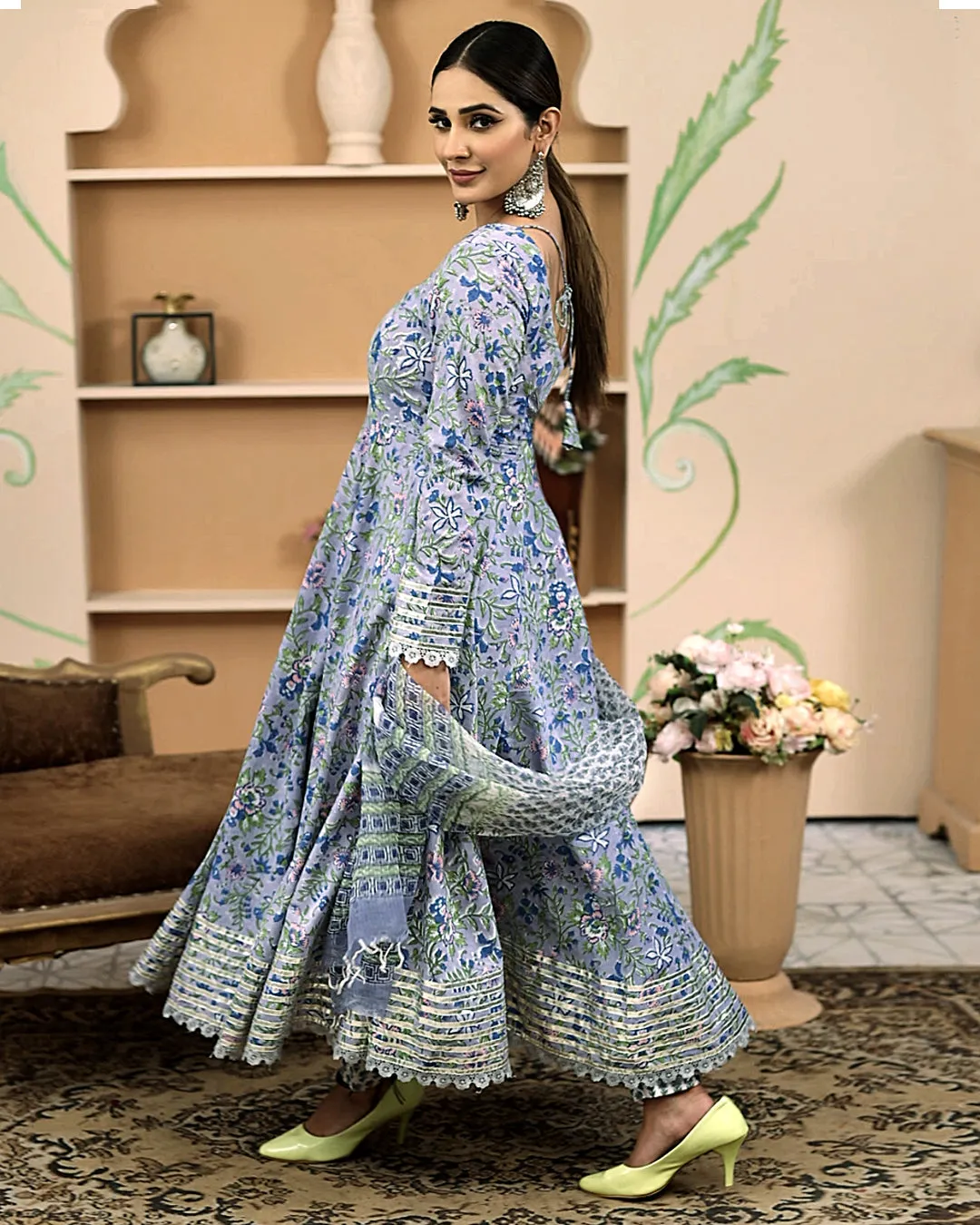 Jashvi Handblock Floral Printed Blue Anarkali Cotton Kurta With Trousers & Dupatta