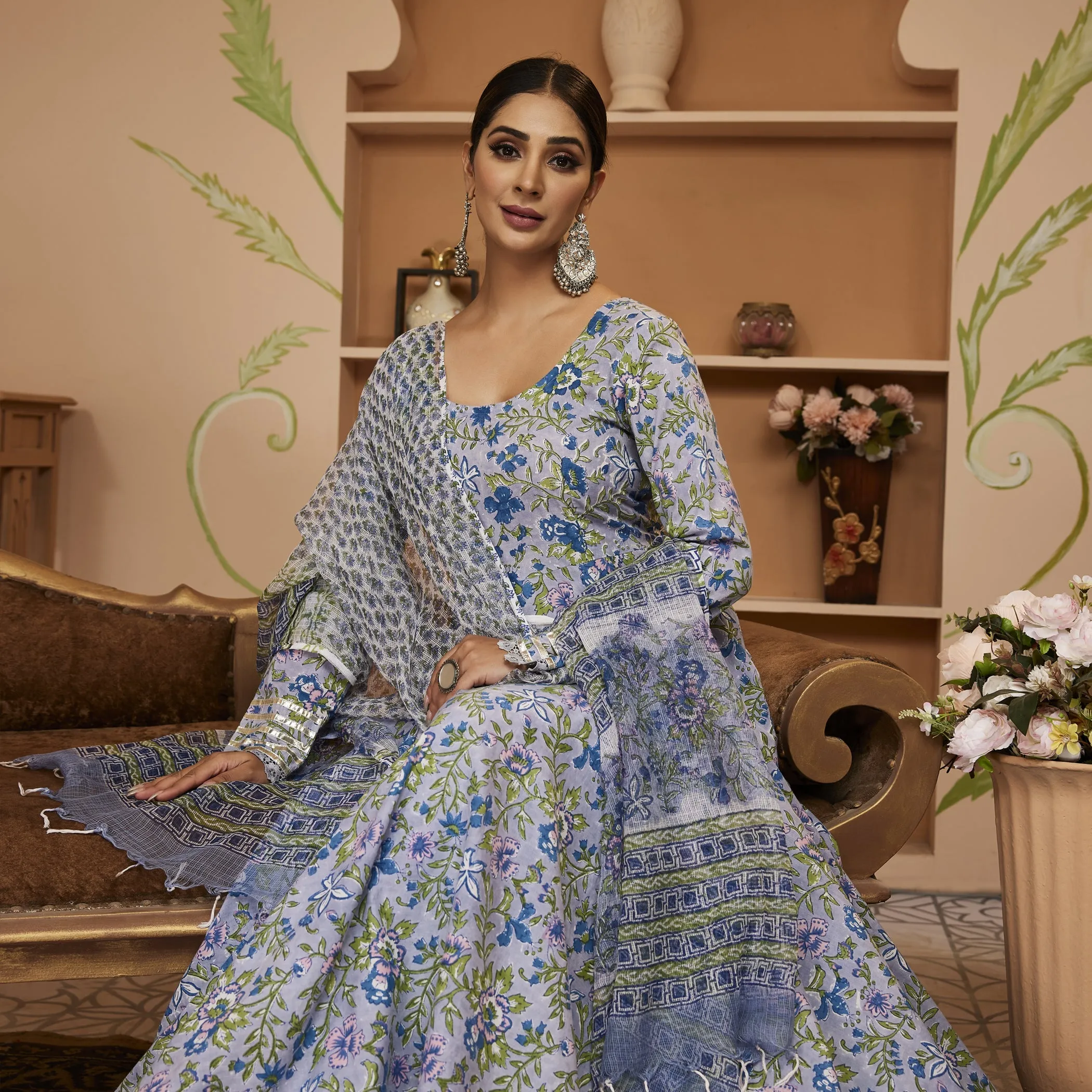 Jashvi Handblock Floral Printed Blue Anarkali Cotton Kurta With Trousers & Dupatta