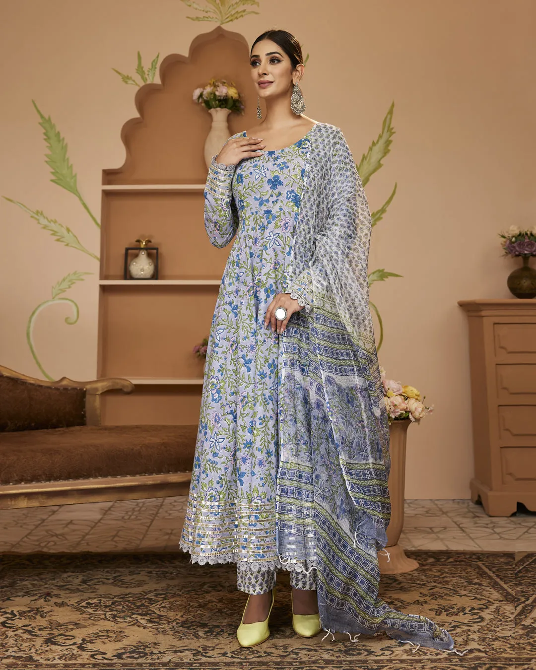 Jashvi Handblock Floral Printed Blue Anarkali Cotton Kurta With Trousers & Dupatta