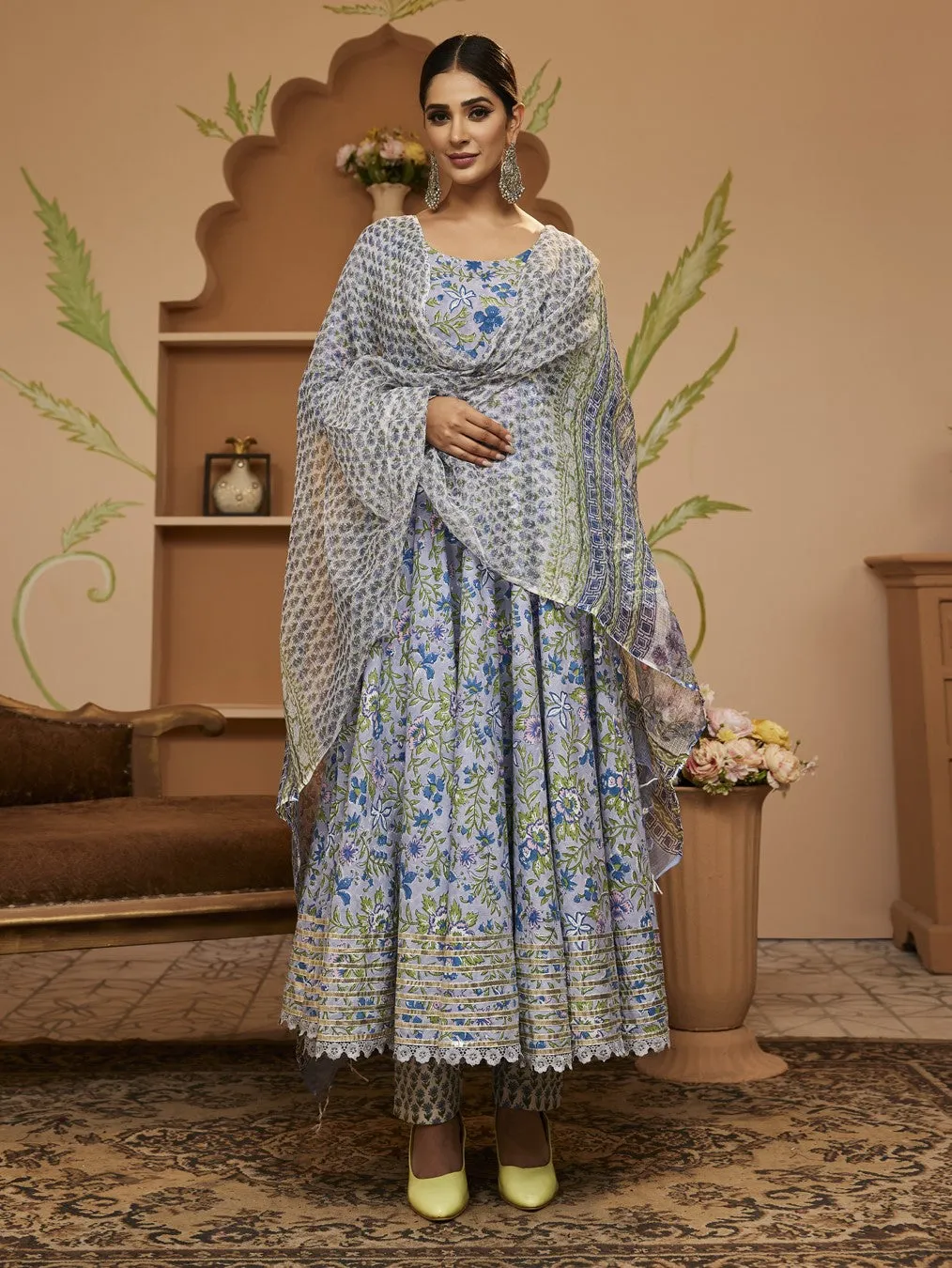 Jashvi Handblock Floral Printed Blue Anarkali Cotton Kurta With Trousers & Dupatta