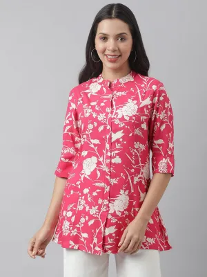 Jashvi Hot Pink Floral Printed Rayon A-line Shirt Style Top