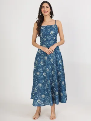 Jashvi Indigo Blue Cotton Long Dress for Women