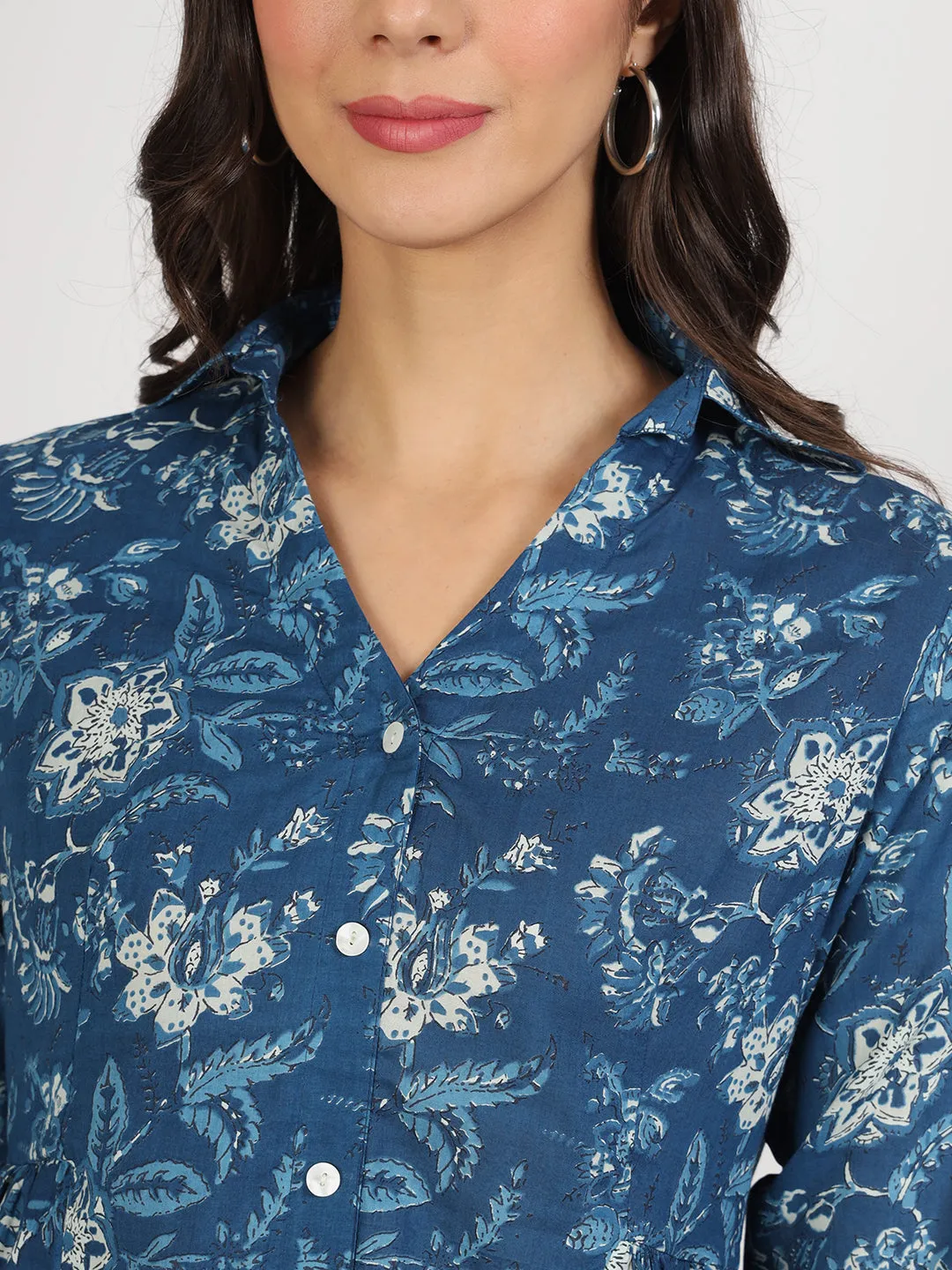 Jashvi Indigo Blue Cotton Shirt Style Top