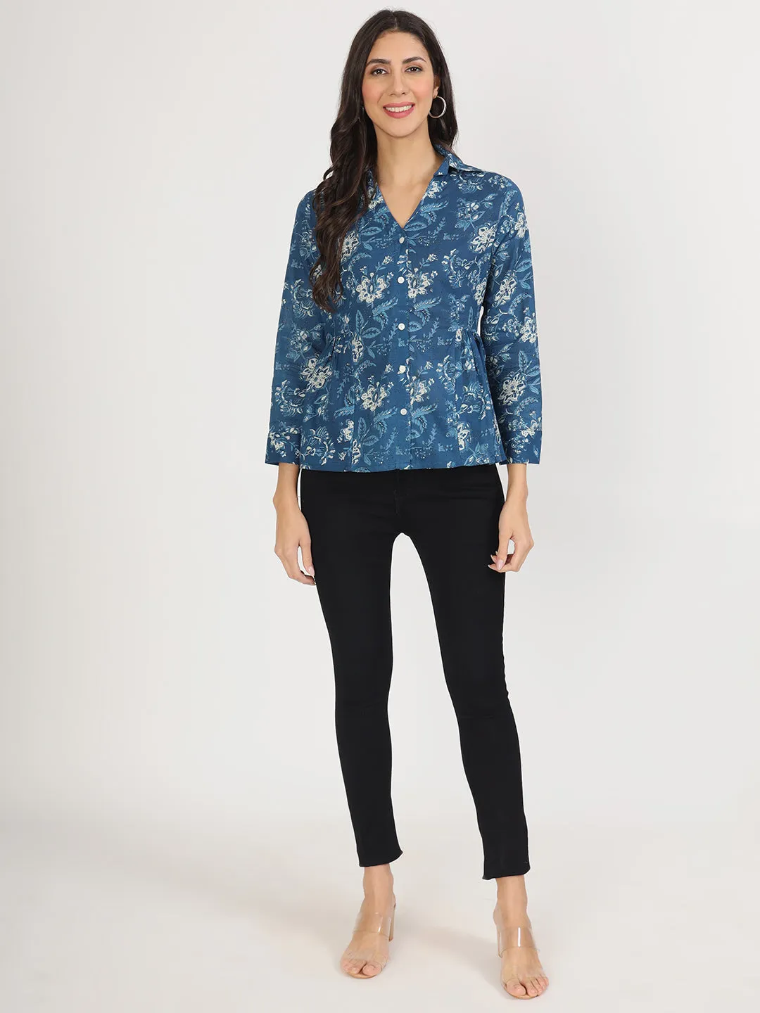 Jashvi Indigo Blue Cotton Shirt Style Top