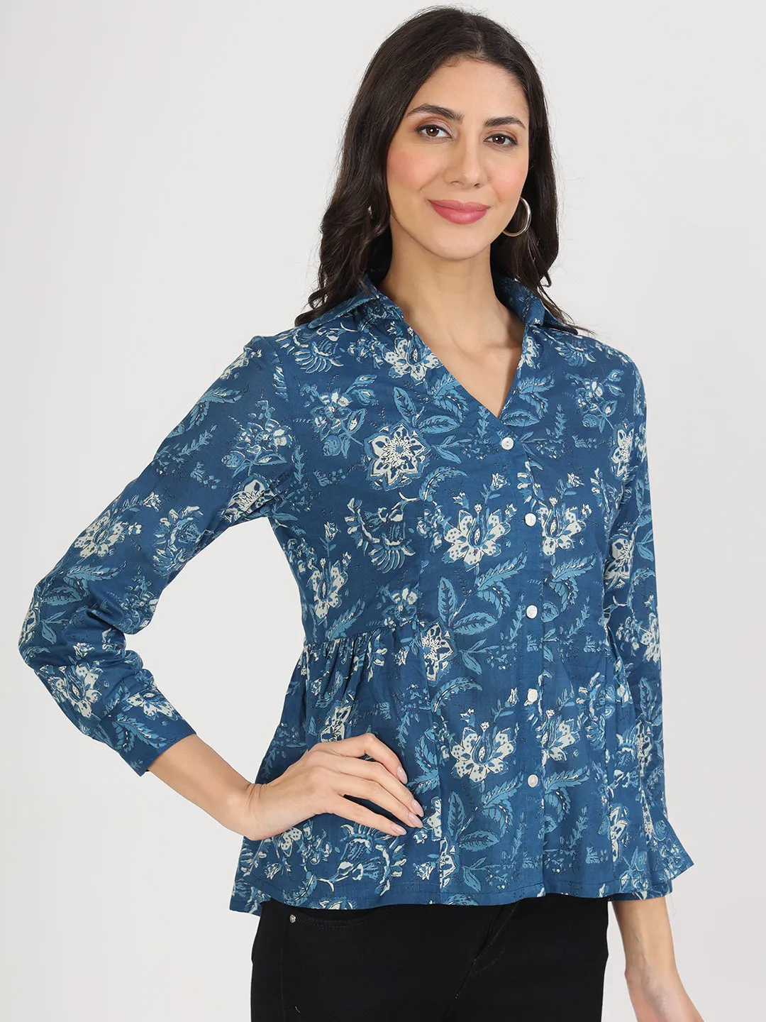 Jashvi Indigo Blue Cotton Shirt Style Top