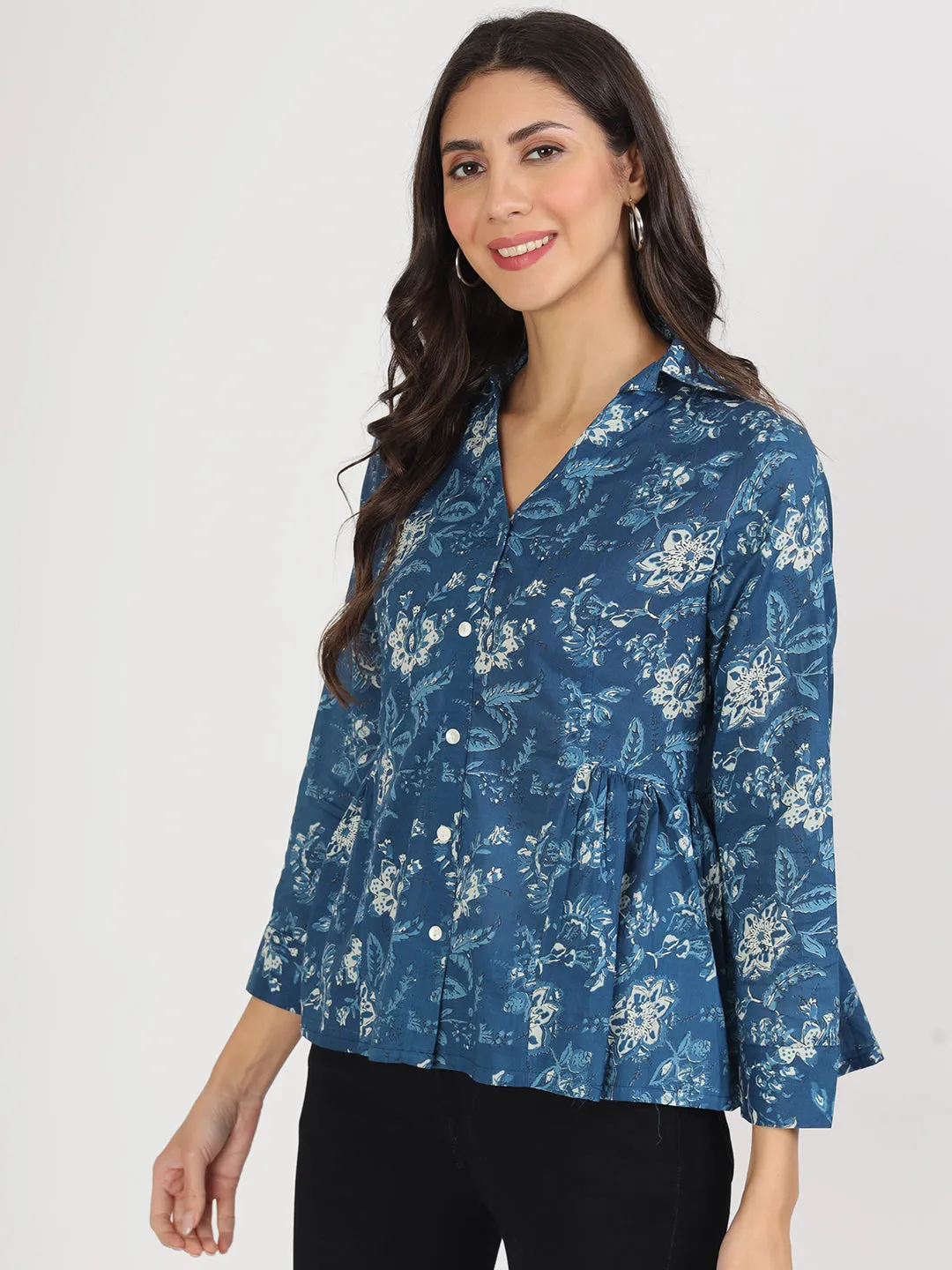 Jashvi Indigo Blue Cotton Shirt Style Top