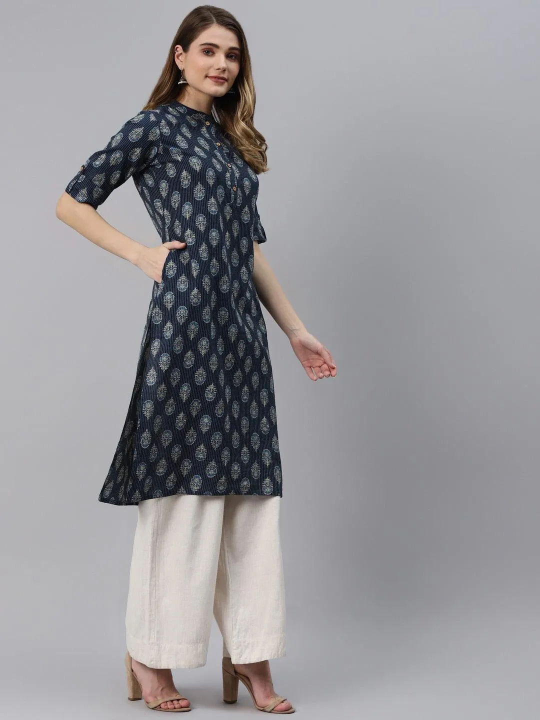 Jashvi Indigo Blue Cotton Straight Kurta