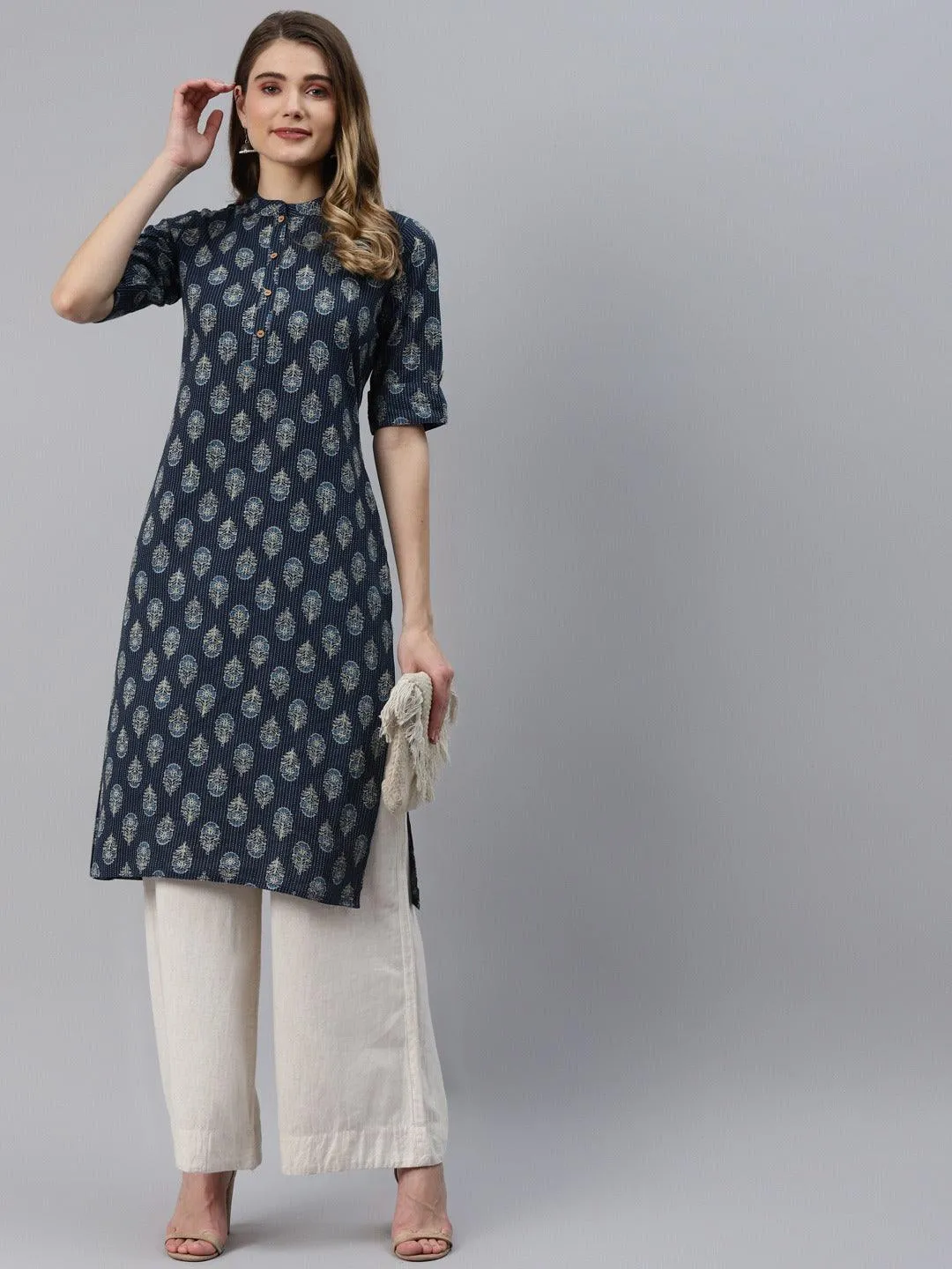 Jashvi Indigo Blue Cotton Straight Kurta