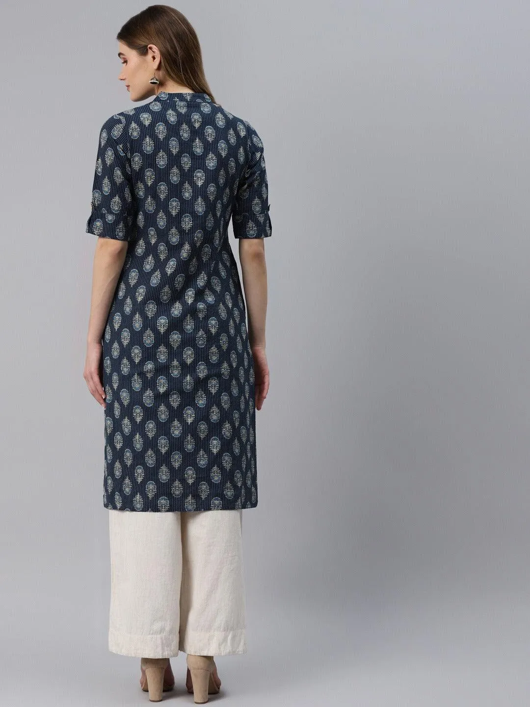 Jashvi Indigo Blue Cotton Straight Kurta