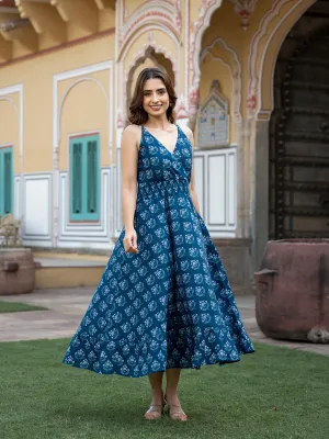 Jashvi Indigo Blue Floral Print Pure Cotton Fit & Flare Dress