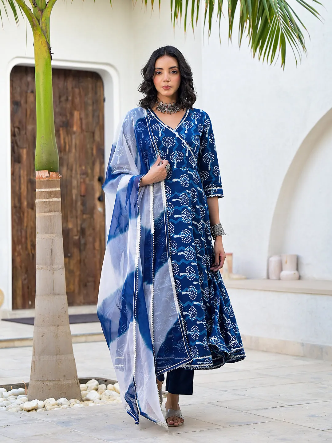 Jashvi Indigo Blue HandBlock Print Cotton Anarkali Kurta Set with Organza Dupatta